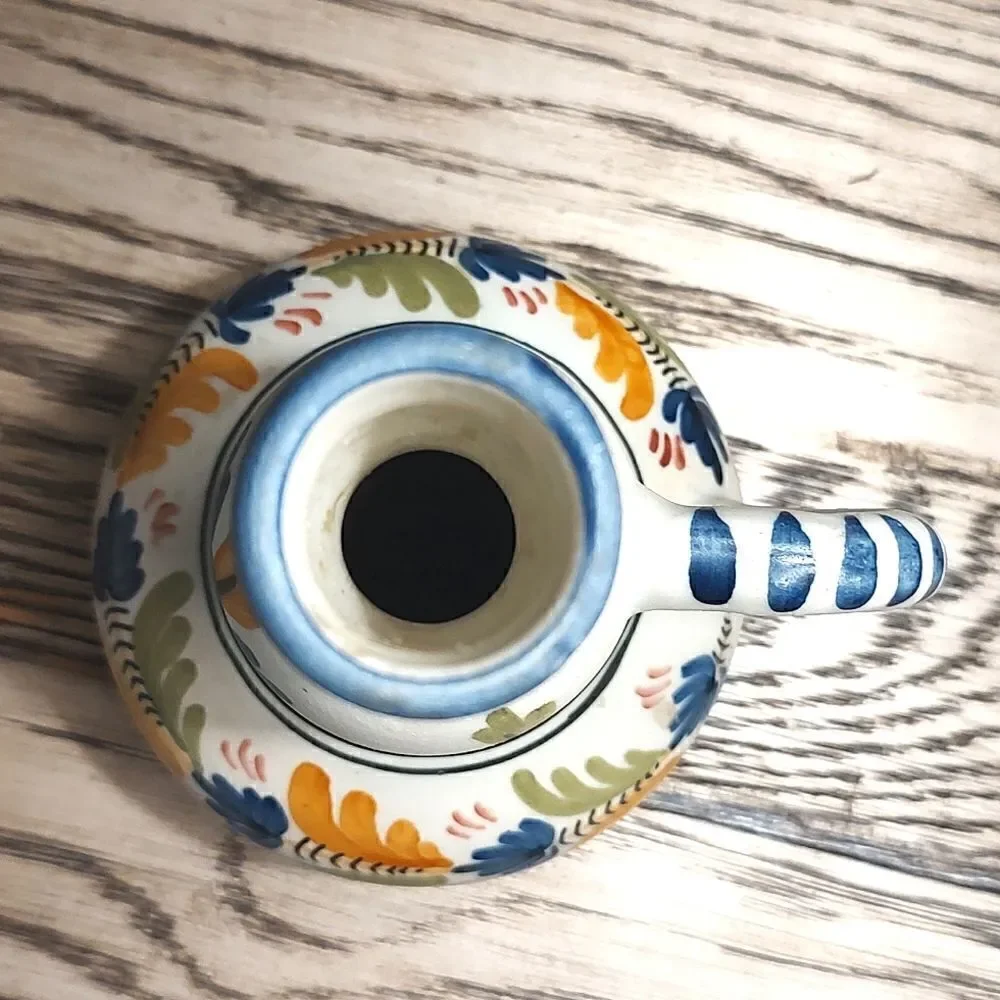 Talavera Pottery Hand Painted Floral Candlestick with Handle Vintage